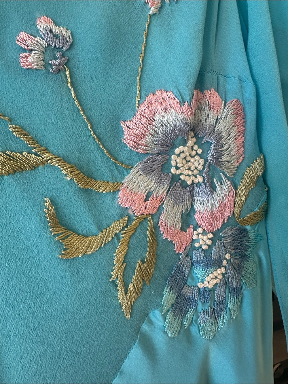 Sue Wong Silk Turquoise Y2K Ruched Floral Embroidered Asymmetrical Dress- Size 8 - Picture 6 of 14